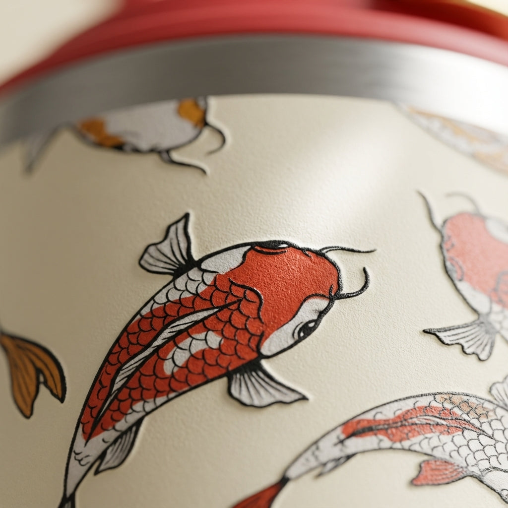 Detail shot - Cream colored stainless steel tumbler with red and orange koi fish pattern sitting on a mossy rock in a sunlit pond