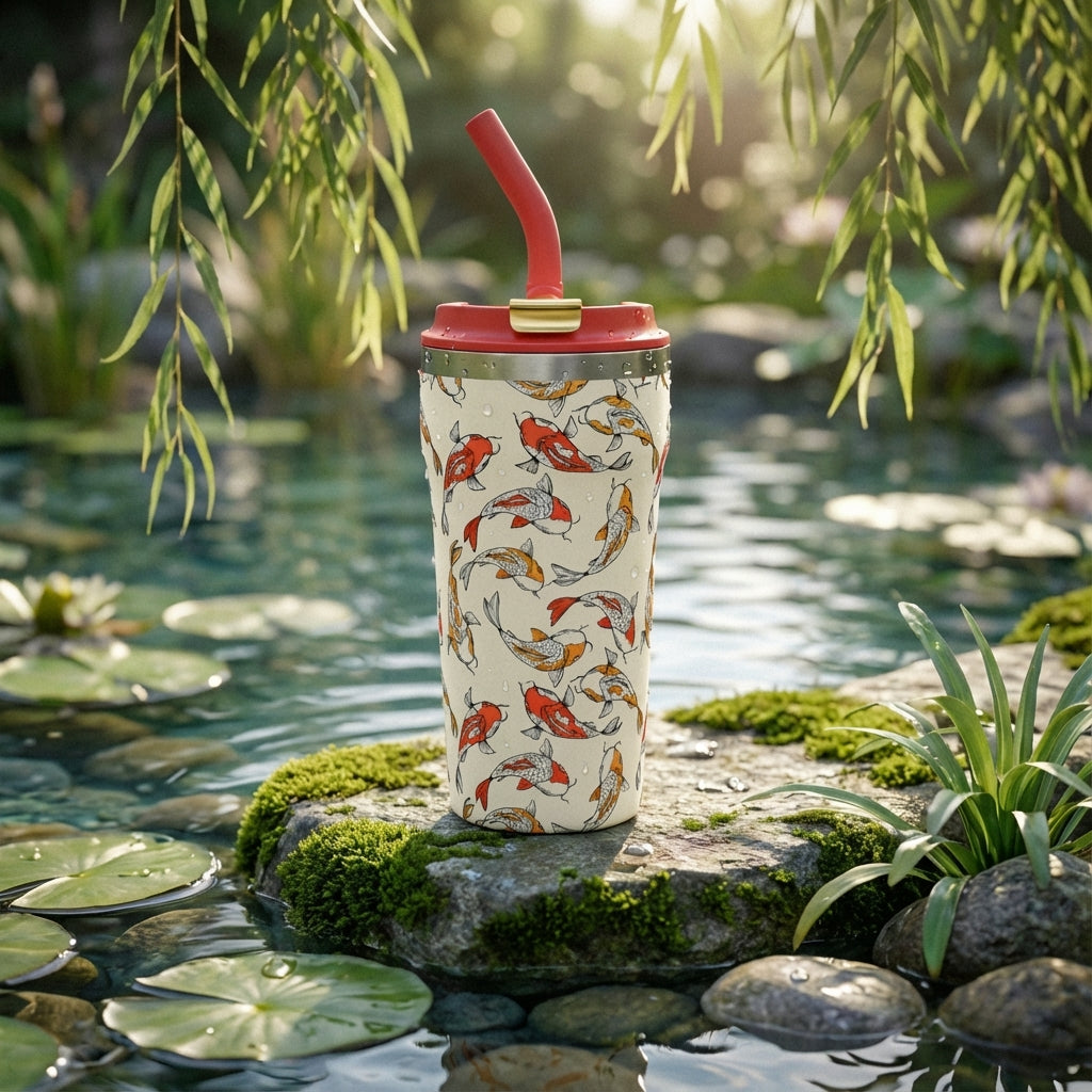Lifestyle shot - Cream colored stainless steel tumbler with red and orange koi fish pattern sitting on a mossy rock in a sunlit pond