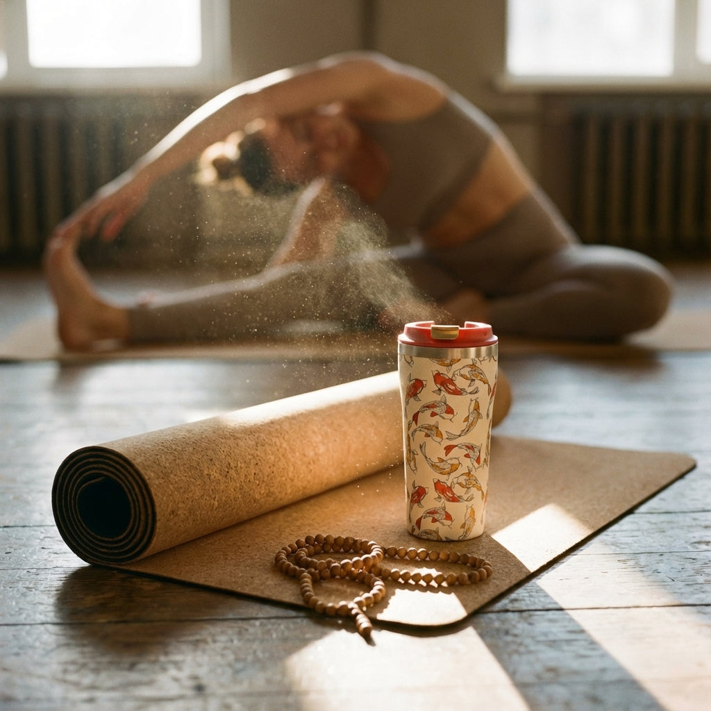 In-Use shot - Cream colored stainless steel tumbler with red and orange koi fish pattern sitting on a mossy rock in a sunlit pond