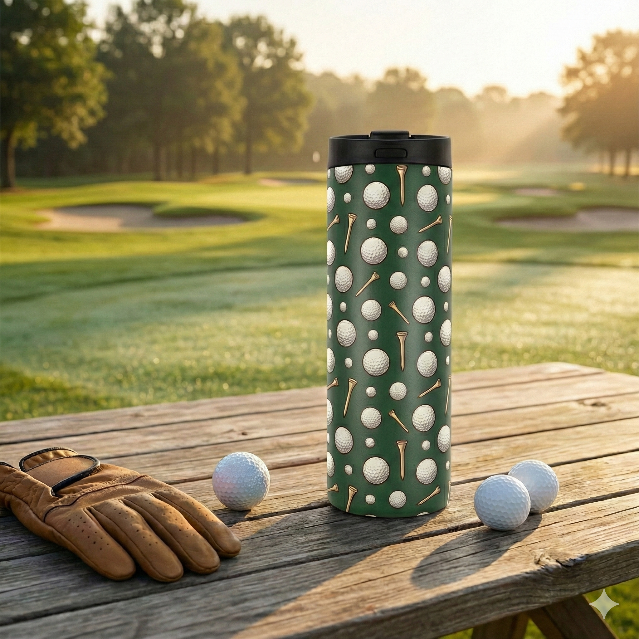LAMOSE Grouse 16oz insulated tumbler featuring a dark green background with a textured 5D print of white golf balls and gold tees, resting on a wooden picnic table outdoors.