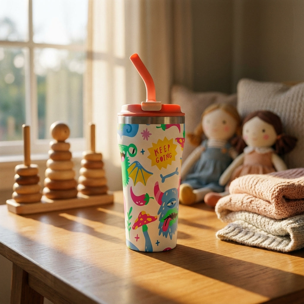 Lifestyle shot - White 16oz insulated tumbler with coral lid and straw, featuring colorful cartoon monsters, pink mushrooms, and Keep Going text, sitting on a playroom rug.