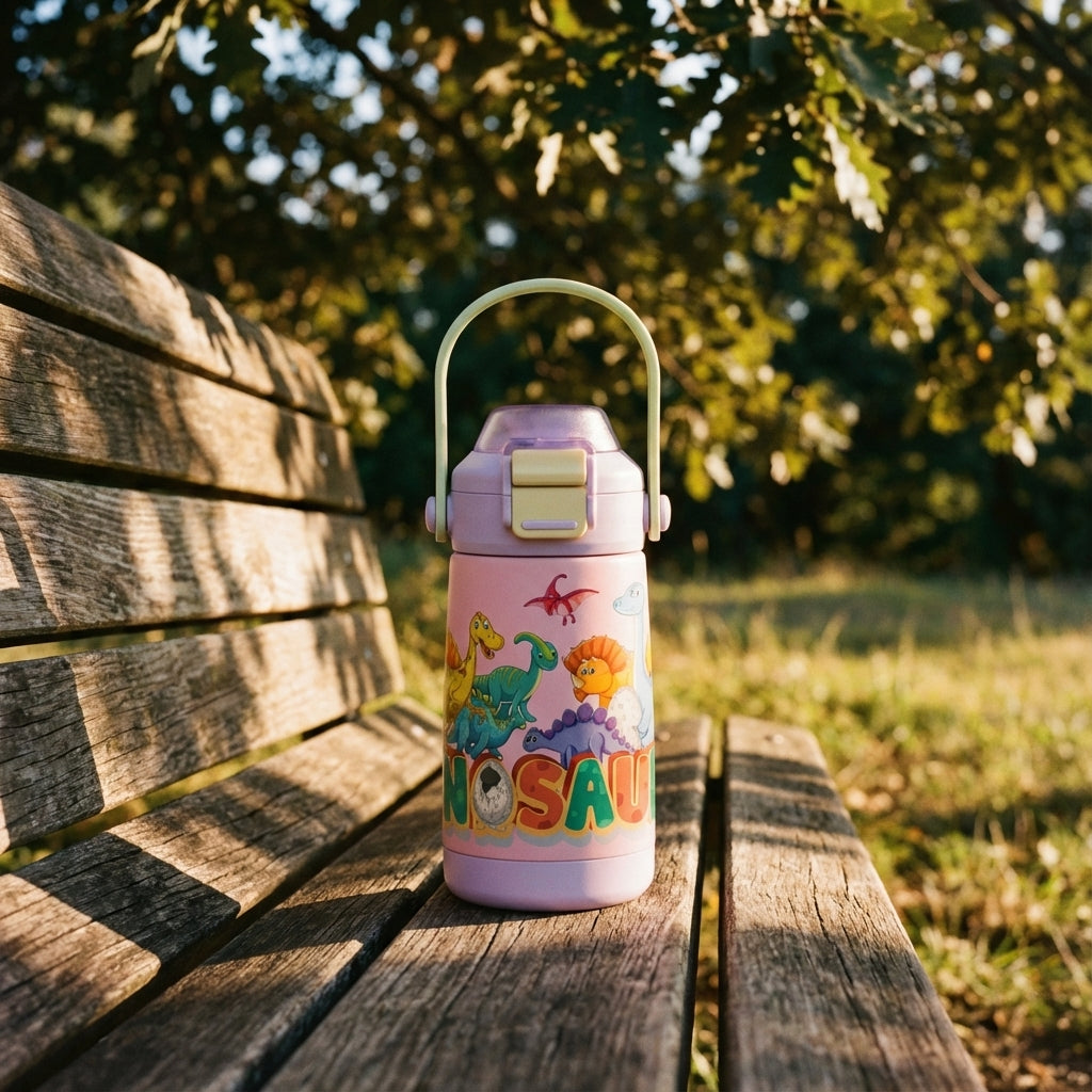 Lifestyle shot - Pink LAMOSE Goose 14 oz water bottle featuring colorful cartoon dinosaurs, a purple lid, and a pale green handle standing on a wooden surface.