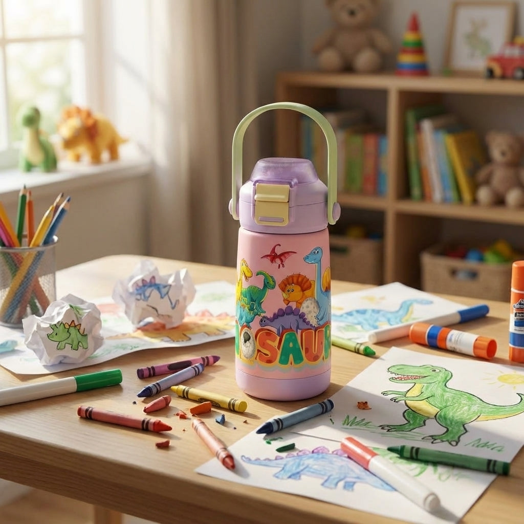 In-Use shot - Pink LAMOSE Goose 14 oz water bottle featuring colorful cartoon dinosaurs, a purple lid, and a pale green handle standing on a wooden surface.