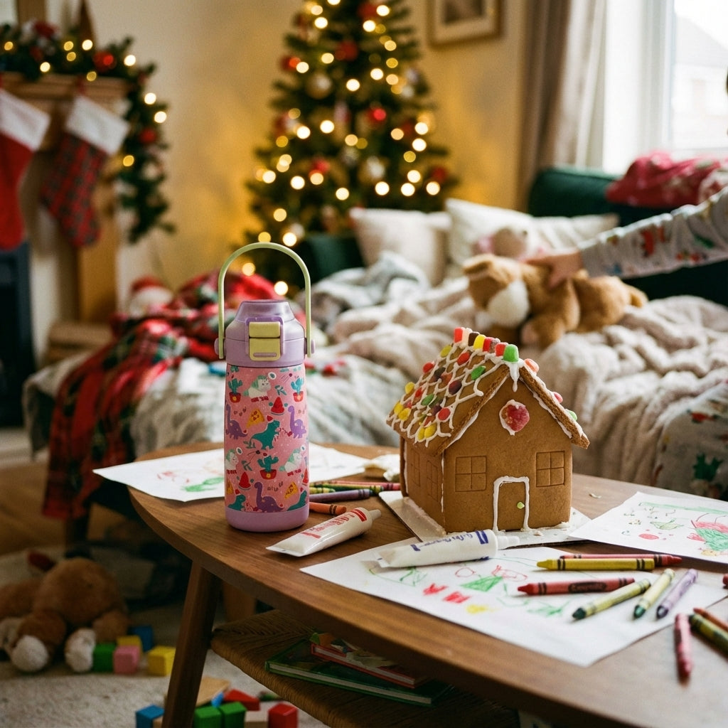 In-Use shot - Pink LAMOSE Goose 14oz kids water bottle featuring Santa dinosaurs, unicorns, pizza, and watermelon pattern with purple lid and green handle