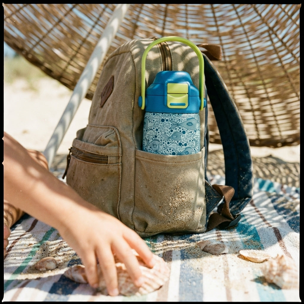 In-Use shot - LAMOSE Goose 14oz insulated kids water bottle featuring a navy blue fish pattern on light blue background with a lime green handle, sitting on a wooden surface.