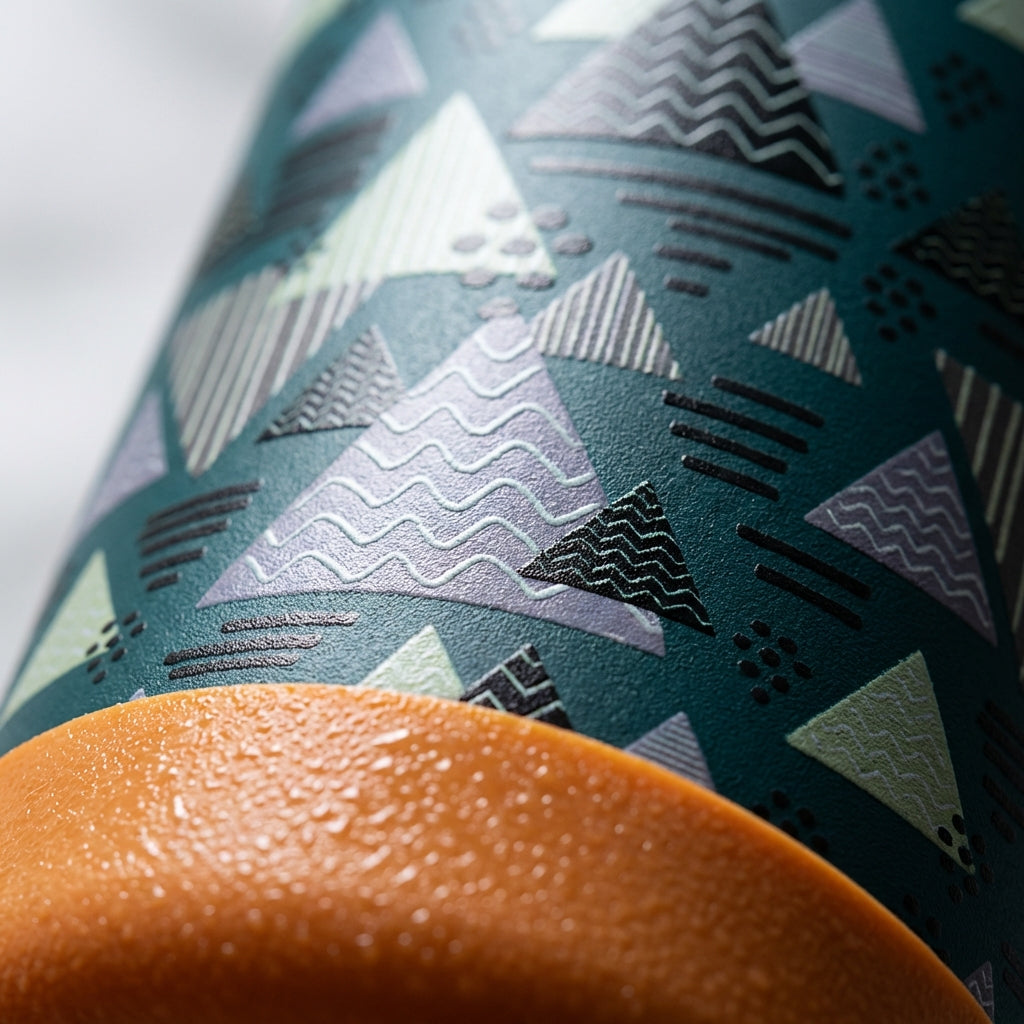 Detail shot - LAMOSE Goose 14 oz kids water bottle featuring colorful abstract triangle pattern sitting on a wooden art table surrounded by paint brushes