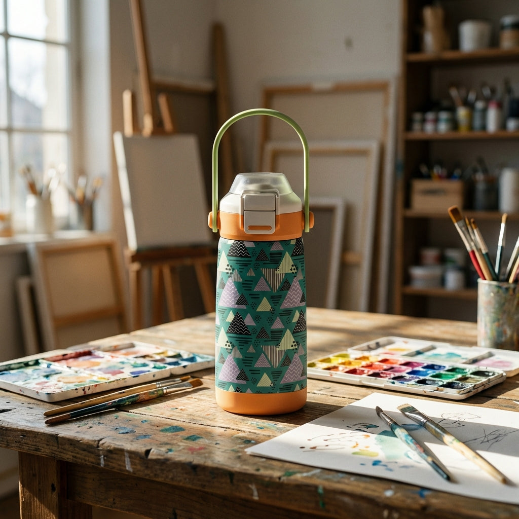 Lifestyle shot - LAMOSE Goose 14 oz kids water bottle featuring colorful abstract triangle pattern sitting on a wooden art table surrounded by paint brushes