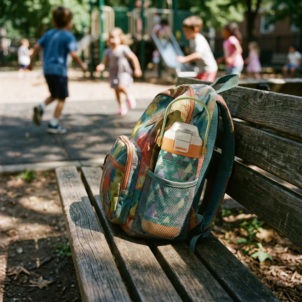 In-Use shot - LAMOSE Goose 14 oz kids water bottle featuring colorful abstract triangle pattern sitting on a wooden art table surrounded by paint brushes