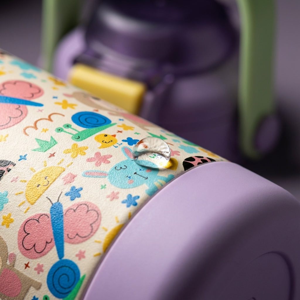Detail shot - LAMOSE Goose 14 oz kids water bottle in light purple and cream featuring cartoon bears, rabbits, and nature elements with a green handle.
