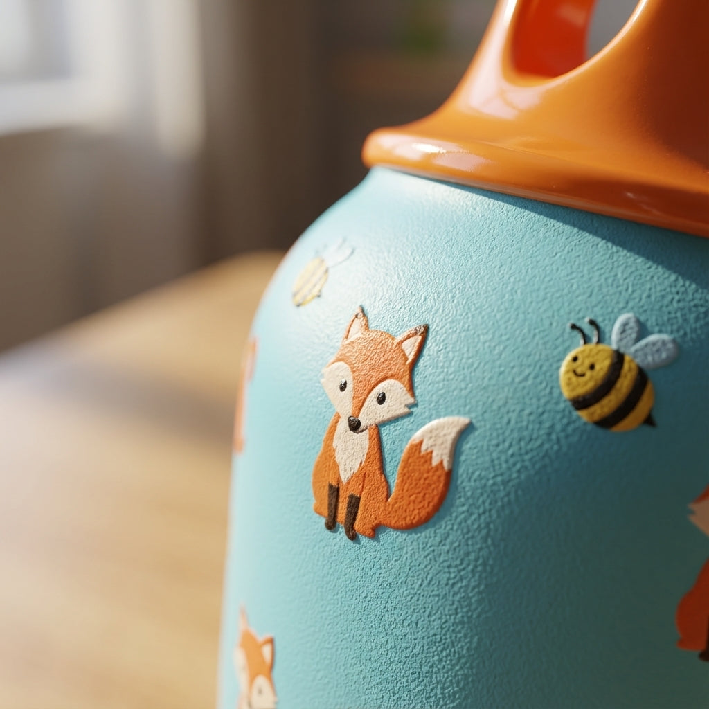 Detail shot - LAMOSE Goose 14oz kids water bottle in light blue with orange cartoon dogs foxes and tigers pattern and orange handle