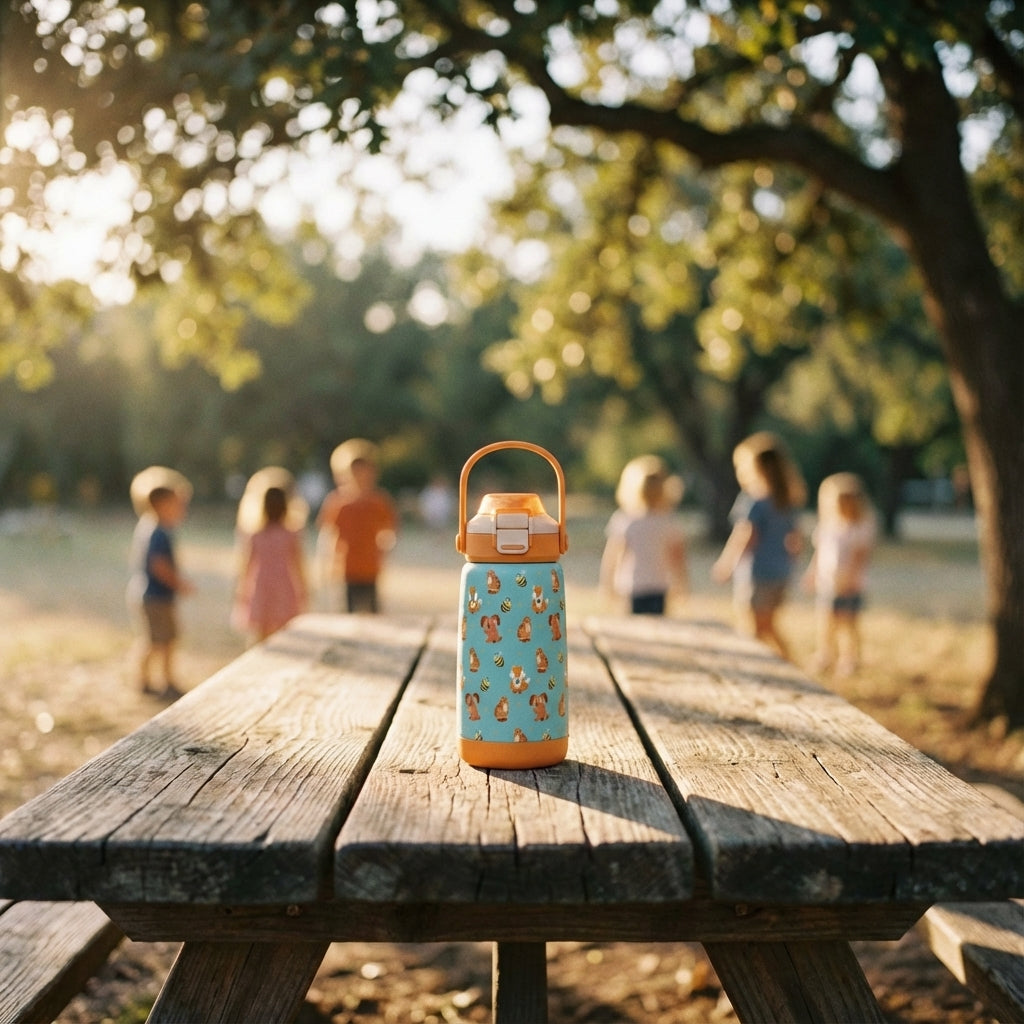 Lifestyle shot - LAMOSE Goose 14oz kids water bottle in light blue with orange cartoon dogs foxes and tigers pattern and orange handle