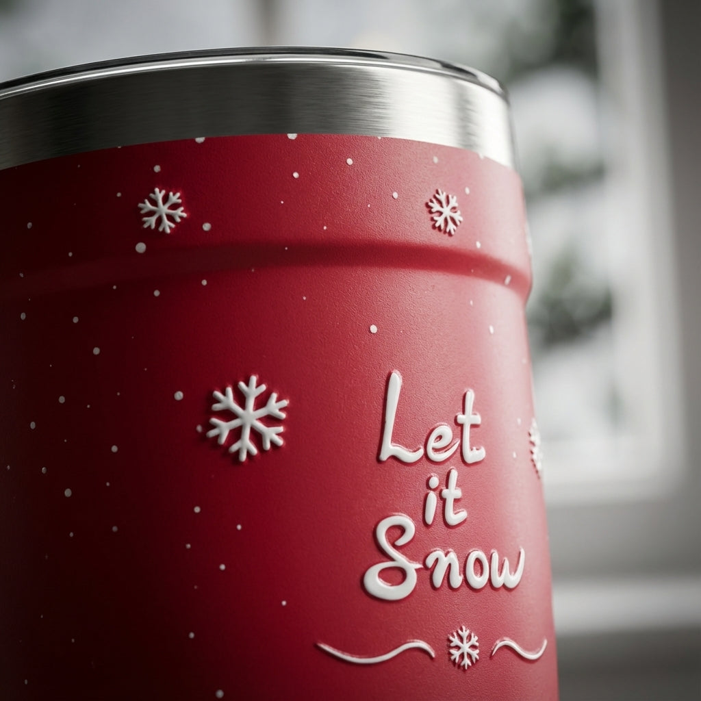 Detail shot - Red 16oz stainless steel tumbler with white Let It Snow script, snowflakes, and snowmen design on a wooden table with holiday decor
