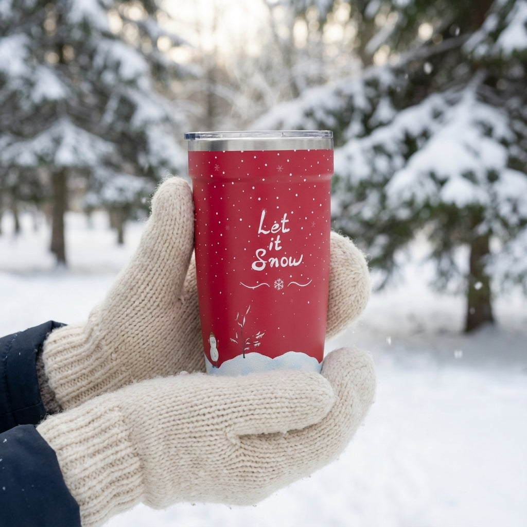 In-Use shot - Red 16oz stainless steel tumbler with white Let It Snow script, snowflakes, and snowmen design on a wooden table with holiday decor