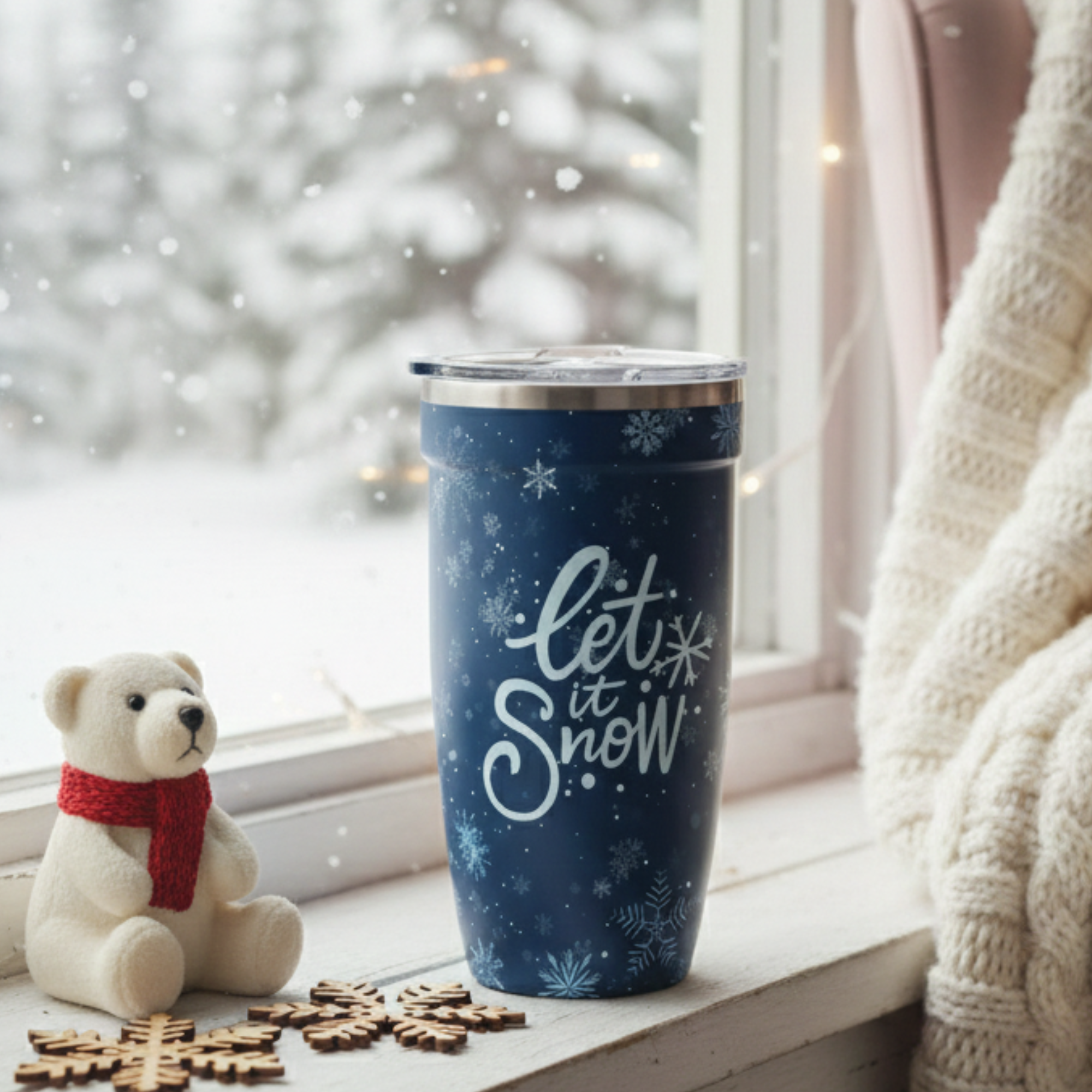  Dark blue insulated tumbler featuring 5D printed Let It Snow text and white snowflakes, styled with a festive polar bear toy and winter decor.