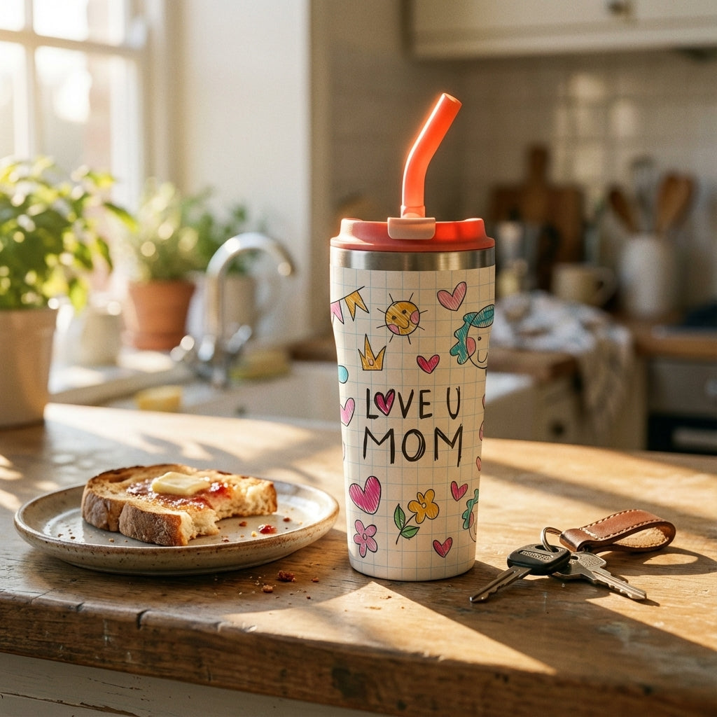 Lifestyle shot - LAMOSE Bow 16 oz insulated tumbler featuring a notebook paper grid pattern, coral straw, and colorful childlike doodles of hearts, sun, and a crown.