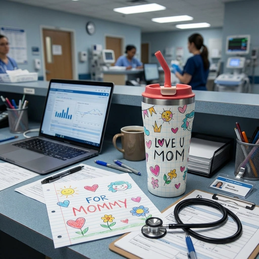 In-Use shot - LAMOSE Bow 16 oz insulated tumbler featuring a notebook paper grid pattern, coral straw, and colorful childlike doodles of hearts, sun, and a crown.