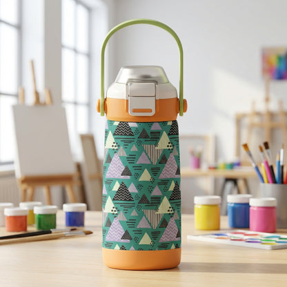 LAMOSE Goose 14 oz kids water bottle featuring colorful abstract triangle pattern sitting on a wooden art table surrounded by paint brushes