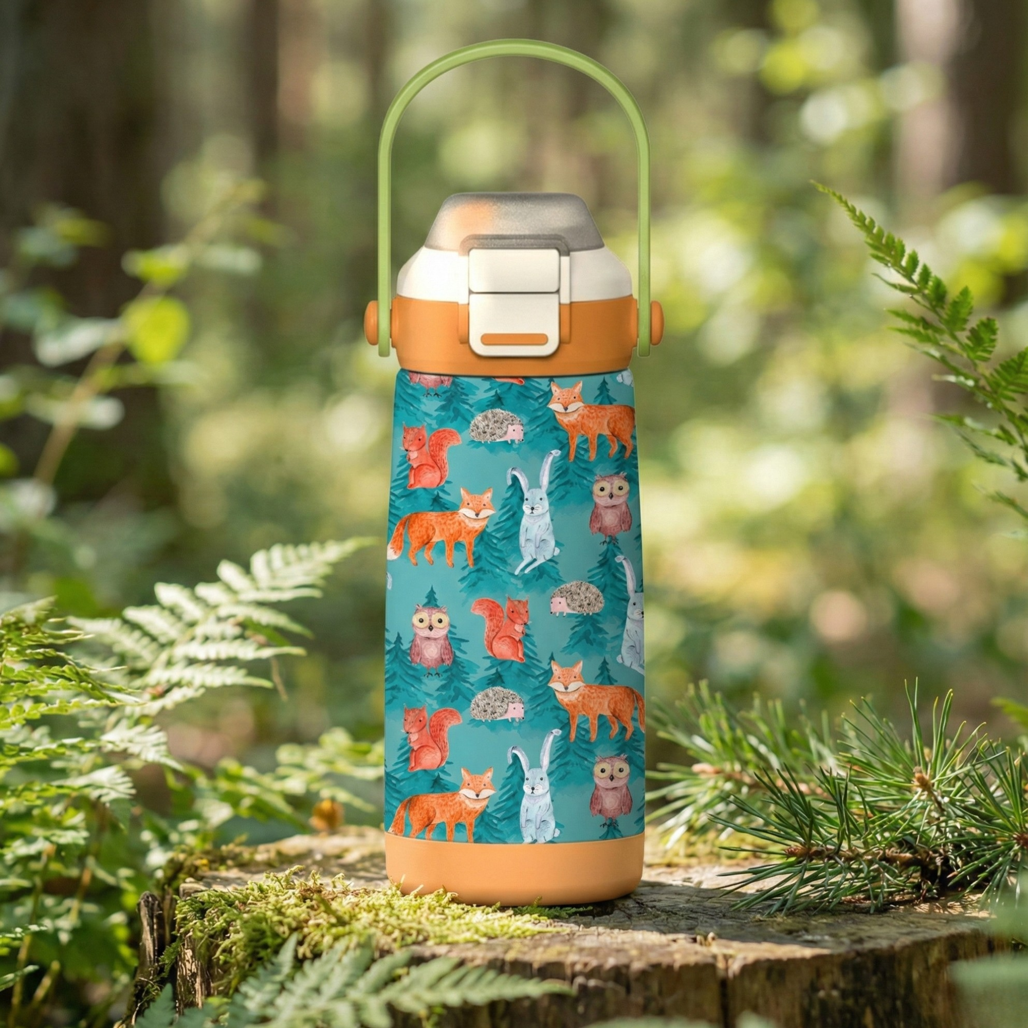 LAMOSE Goose 14oz kids water bottle featuring a teal body with foxes, squirrels, rabbits, owls, and hedgehogs, with orange accents and a gray handle.