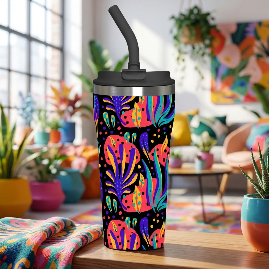  LAMOSE Bow 16 oz insulated tumbler featuring a vibrant abstract floral pattern on a black background with a black straw.