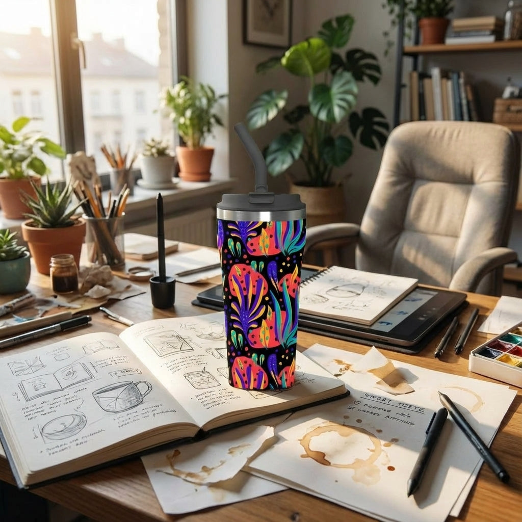 In-Use shot - LAMOSE Bow 16 oz insulated tumbler featuring a vibrant abstract floral pattern on a black background with a black straw.