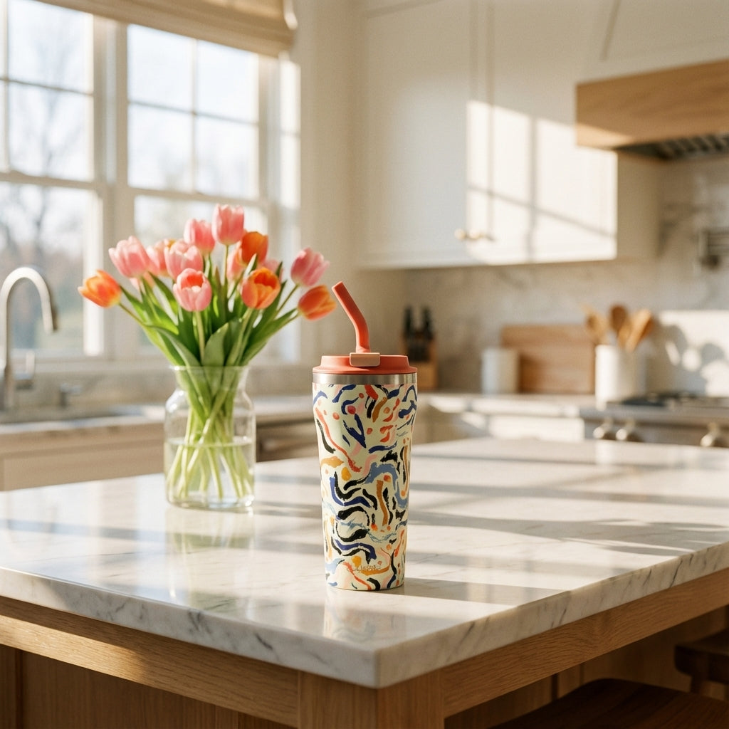 Lifestyle shot - LAMOSE Bow 16oz tumbler featuring abstract blue, orange, and pink brushstrokes on beige with a coral lid and straw.