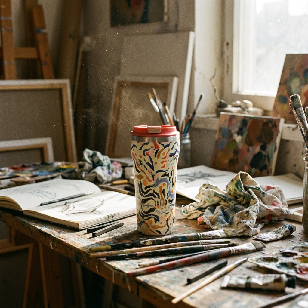 In-Use shot - LAMOSE Bow 16oz tumbler featuring abstract blue, orange, and pink brushstrokes on beige with a coral lid and straw.