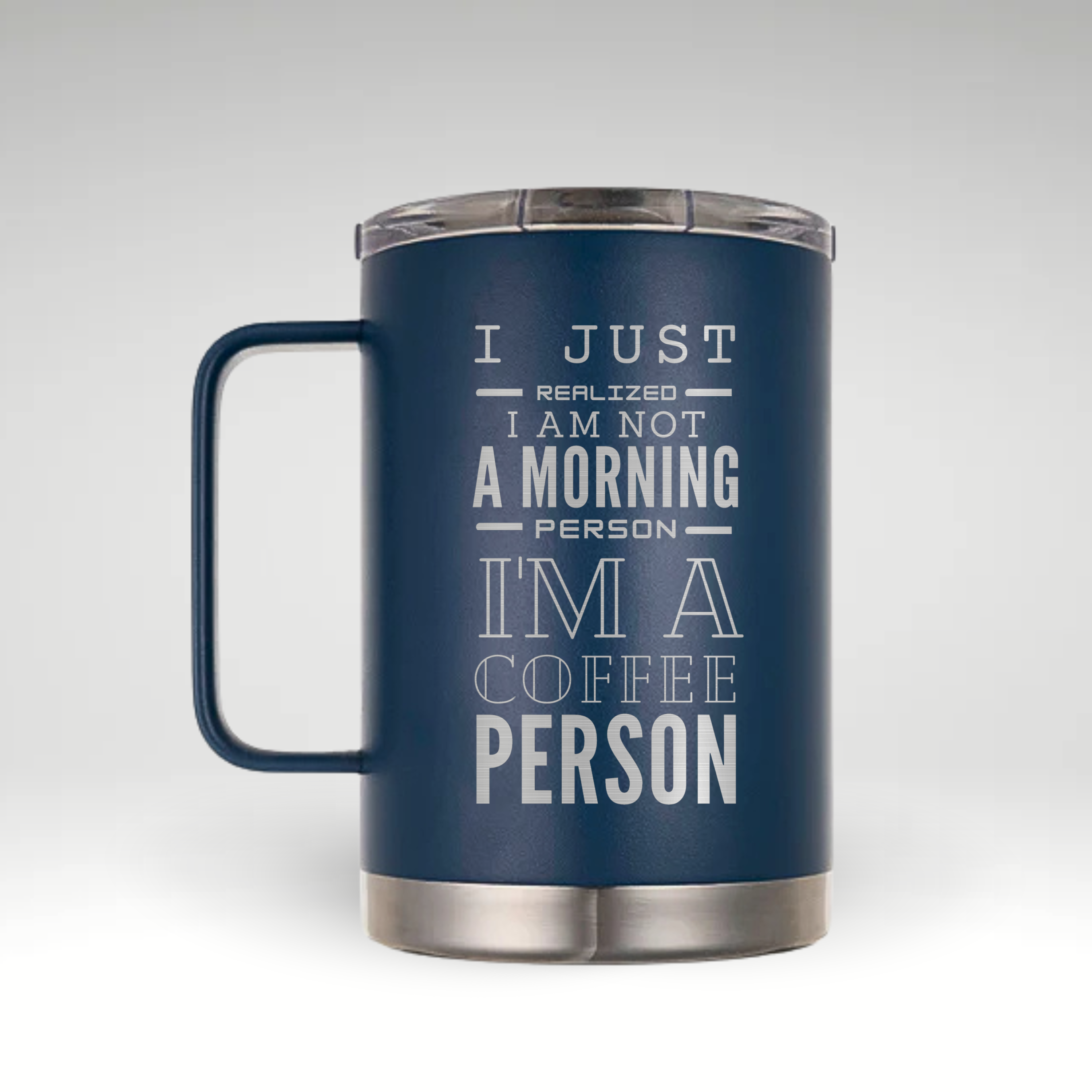 Bold Coffee Person Insulated Mug Insulated mug with I’m Not a Morning Person, I’m a Coffee Person in bold typography against a black and white background. #color_classic-blue