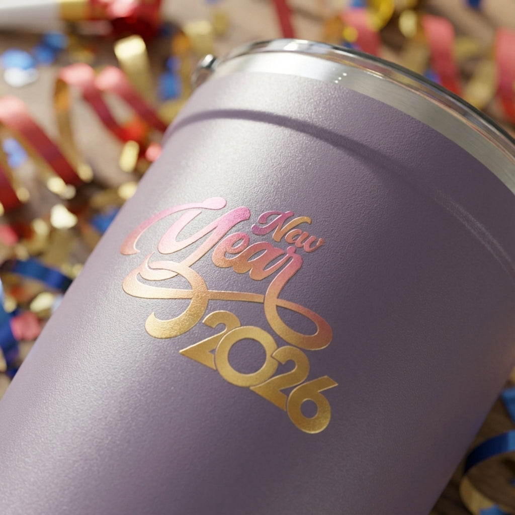 Detail shot - Matte purple Peyto 16oz tumbler featuring gradient Happy New Year 2026 typography, confetti graphics, and a silver rim.