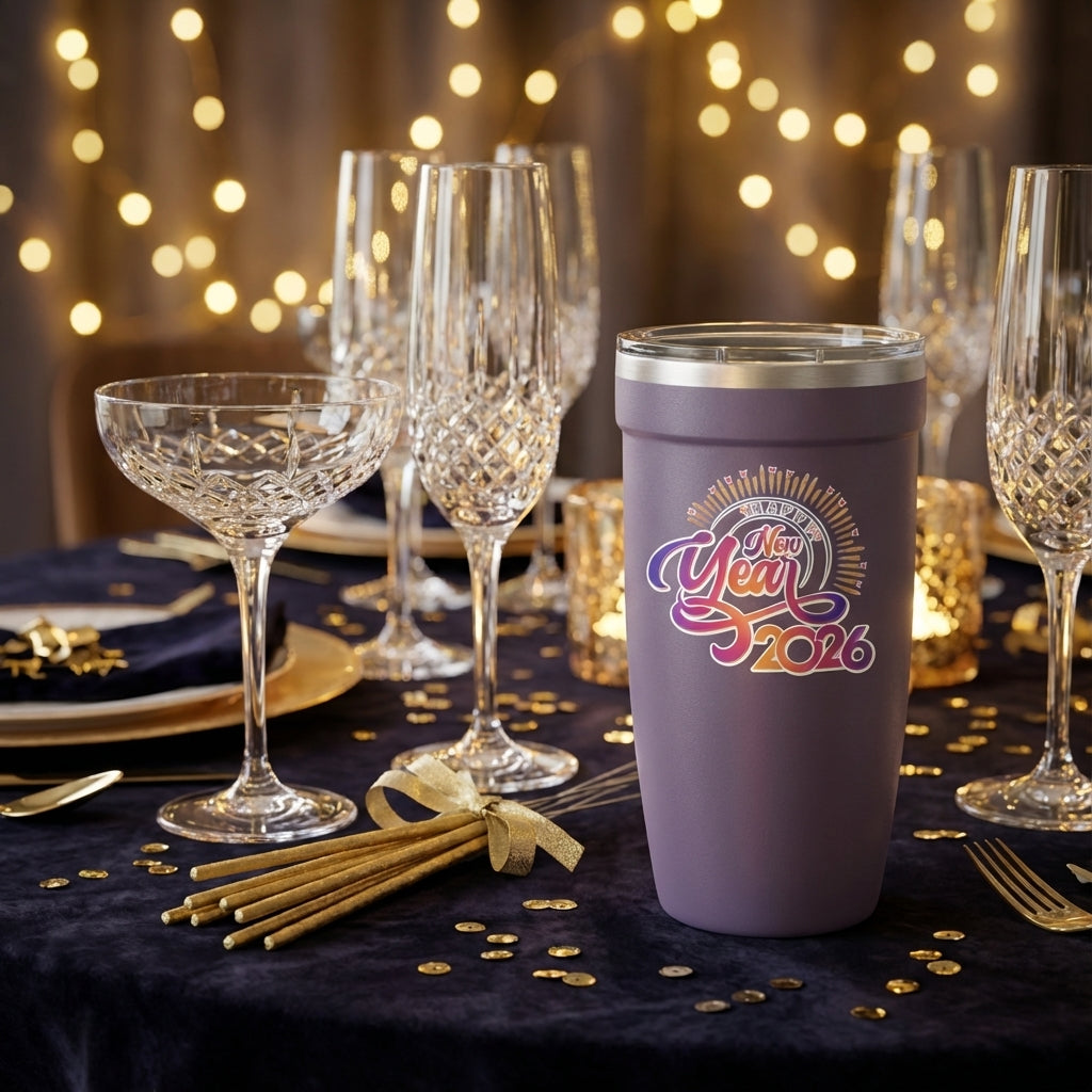 Lifestyle shot - Matte purple Peyto 16oz tumbler featuring gradient Happy New Year 2026 typography, confetti graphics, and a silver rim.