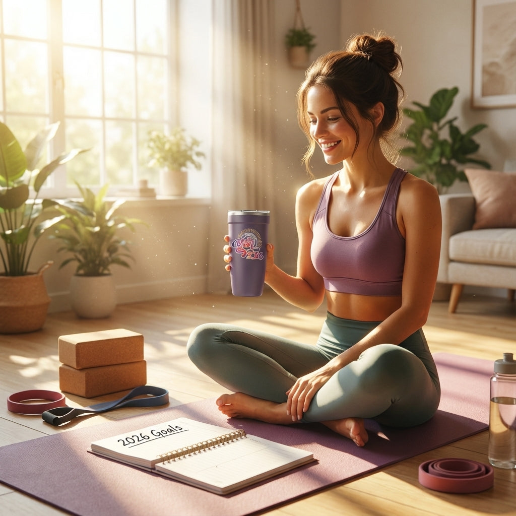 In-Use shot - Matte purple Peyto 16oz tumbler featuring gradient Happy New Year 2026 typography, confetti graphics, and a silver rim.