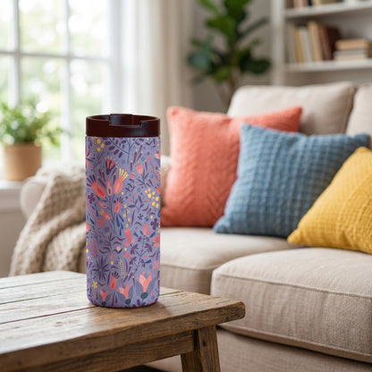 12 oz insulated tumbler in light purple with colorful floral and botanical branch pattern and dark brown lid