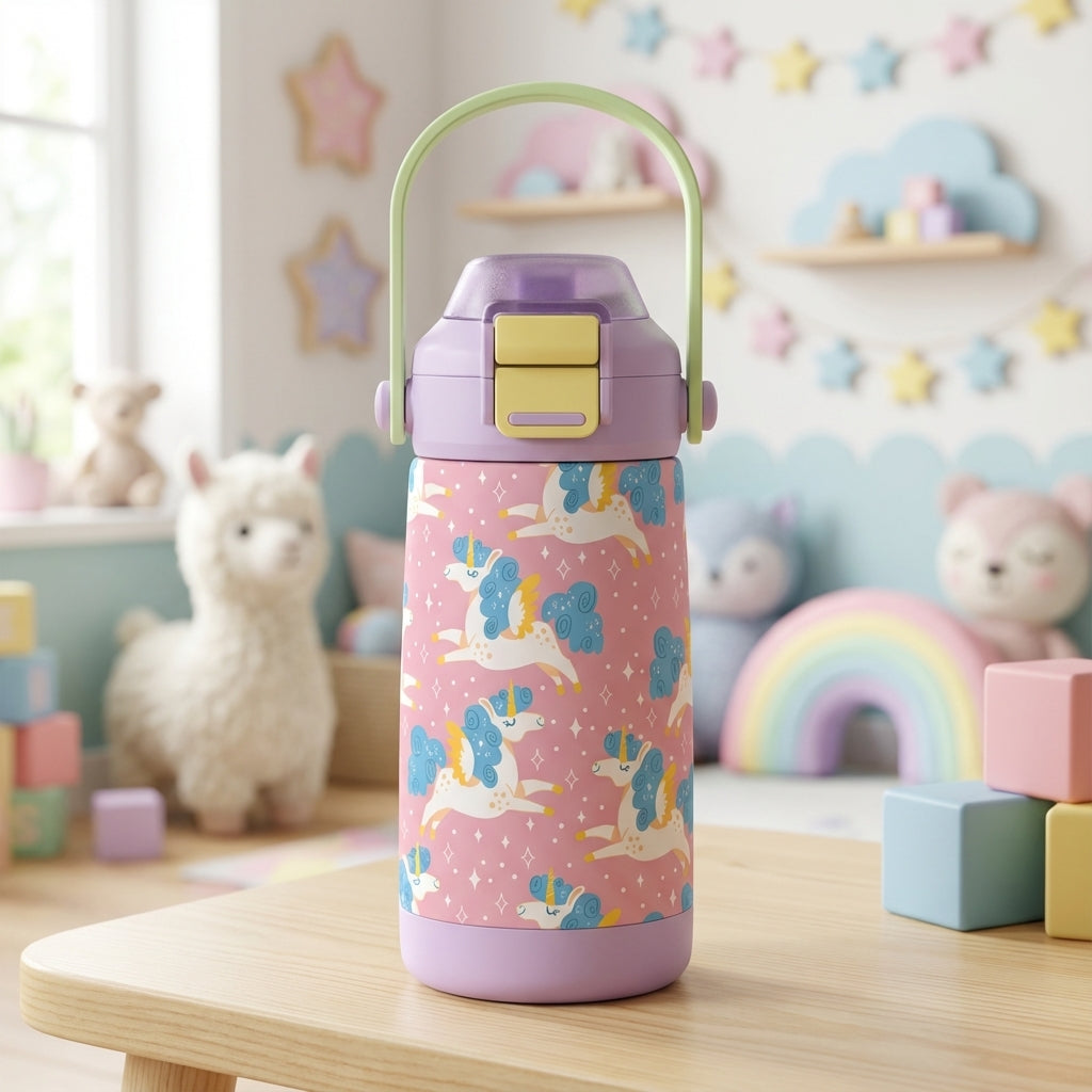 Pink stainless steel kids water bottle with white and blue unicorn pattern, lavender lid, and light green handle.