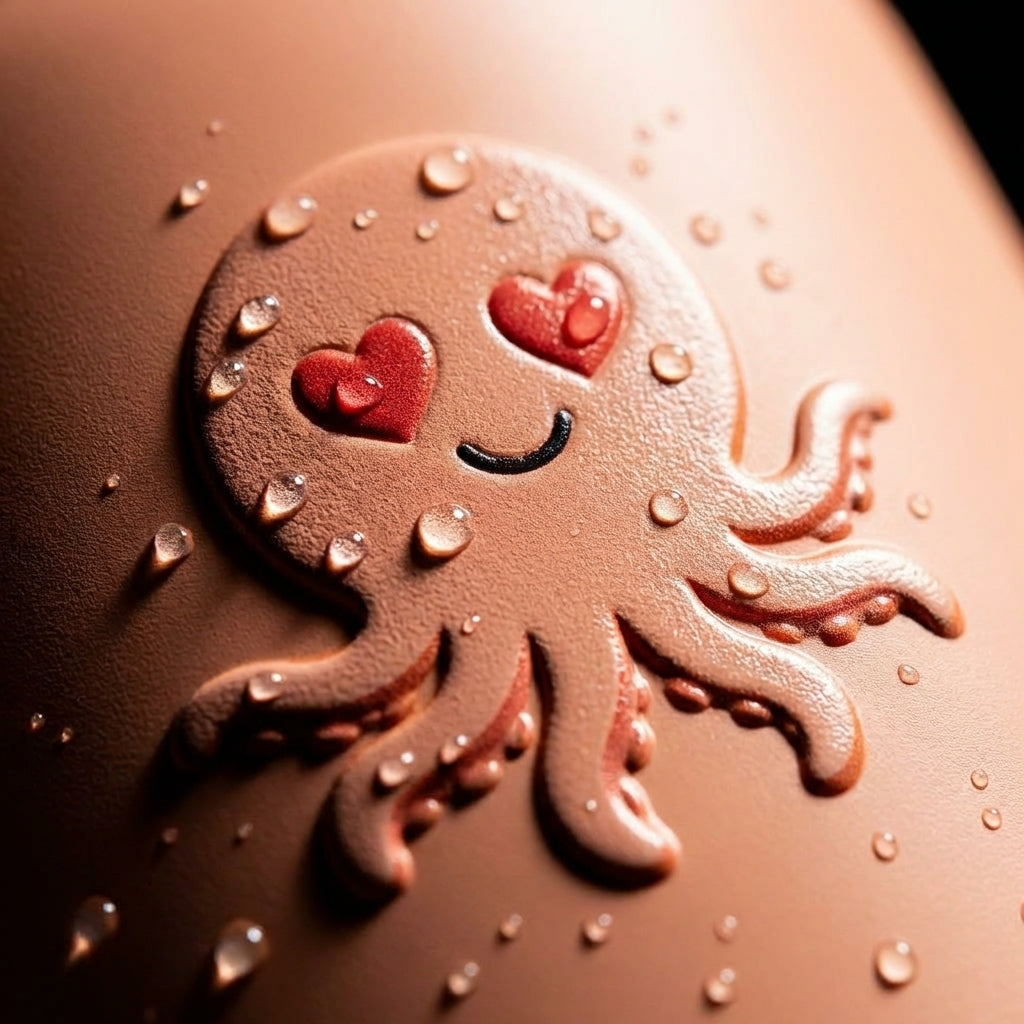 Detail shot - Peach colored 14oz kids water bottle featuring smiling octopuses, jellyfish, and seashells sitting on a sandy beach background.