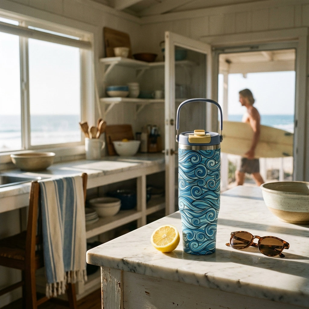 In-Use shot - Close-up of Cascade 40 oz tumbler with blue ocean wave pattern and water droplets on a sandy beach.