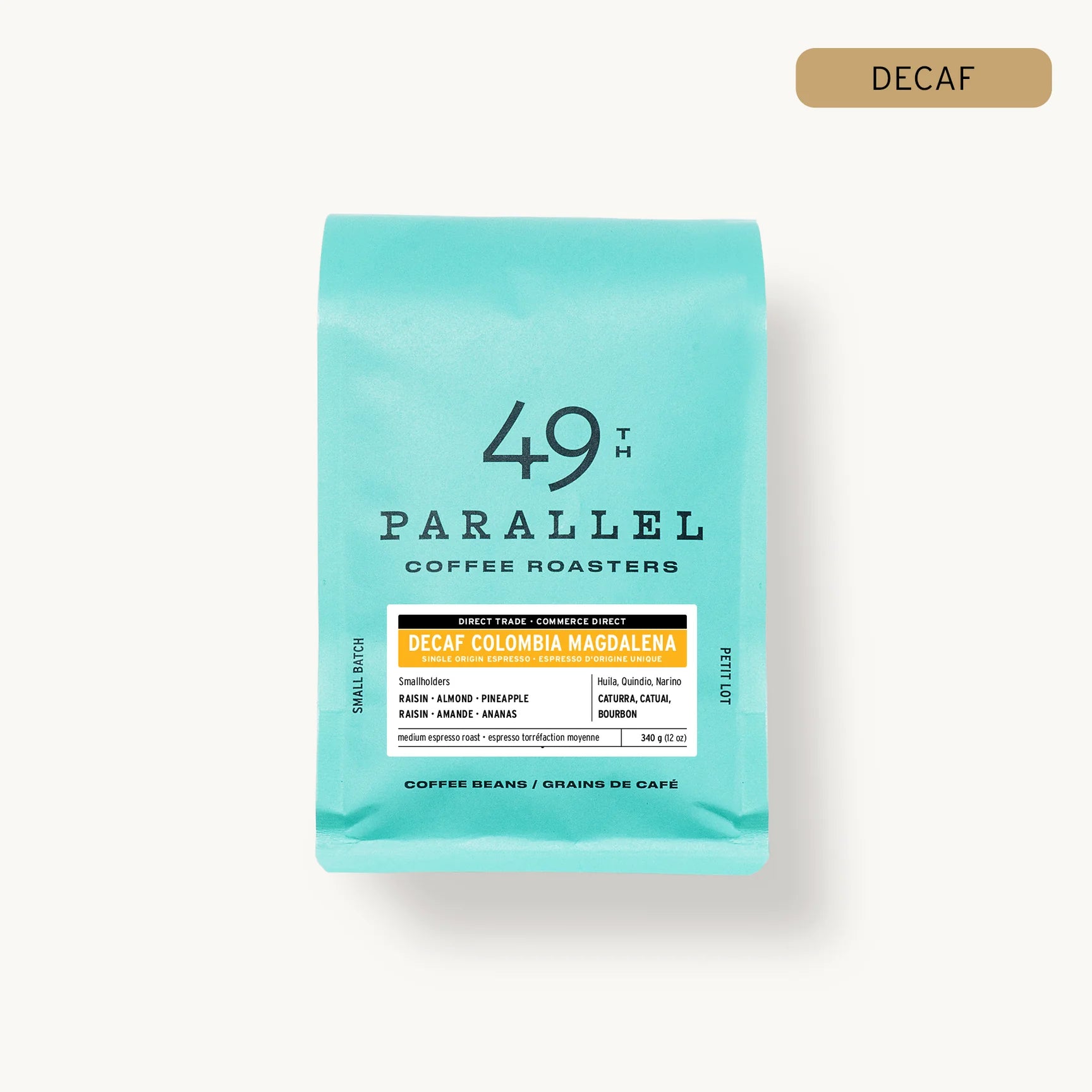Colombia Magdalena Decaf from 49th Parallel Coffee Roasters. Experience the flavors of almond, pineapple, and raisin in this medium espresso roast. Direct trade coffee sourced from Colombia's Huila, Quindio, and Narino regions.