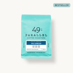 Epic Espresso by 49th Parallel Coffee Roasters. Discover clean, floral, and sweet flavors in this light espresso roast. Sourced from Guatemala La Danta, a direct trade coffee with a bright and complex profile.