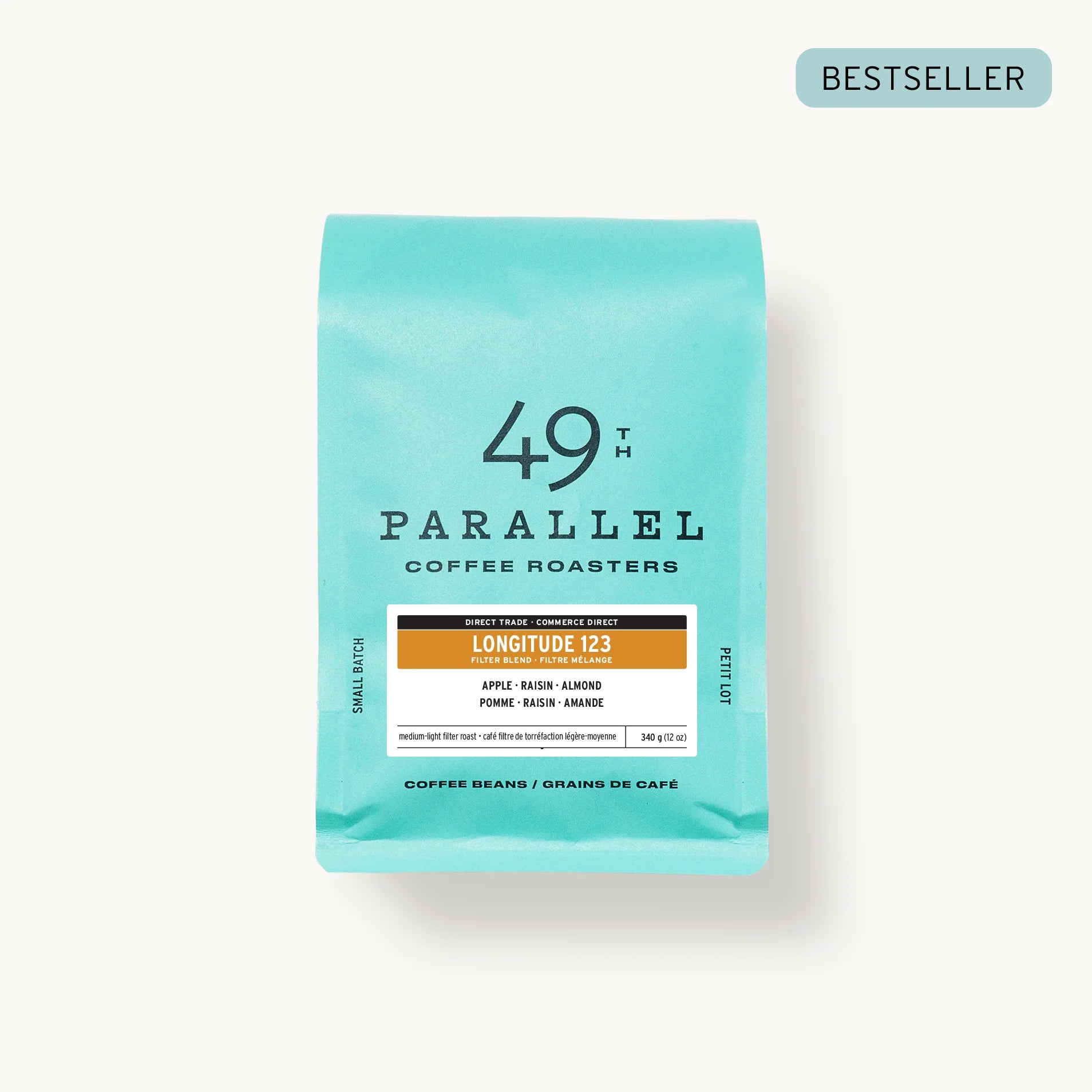 Longitude 123°W Blend by 49th Parallel Coffee Roasters. A medium-light roast with sweet flavors of almond, apple, and raisin. Crafted from the freshest seasonal coffees for a versatile and flavorful experience.
