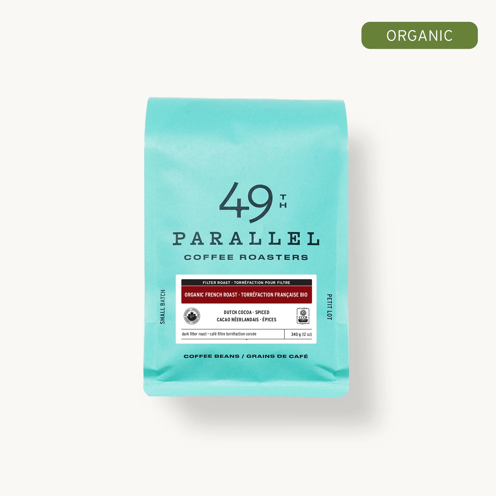 49th Parallel Coffee Roasters Organic French Roast - Dark Roast - Dutch Cocoa, Spiced Flavor - Direct Trade - Ideal for Espresso & Filter Coffee - Ethically Sourced - Product Details: Producer Varies, Country Varies, Region Varies, Elevation Varies, Variety Varies, Harvest Year 2018, Roast Level Dark Filter Roast