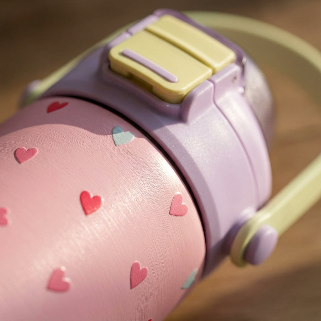 Detail shot - Pink Goose 14 oz kids water bottle featuring red and blue hearts pattern, lavender lid, and green handle sitting on a living room table.