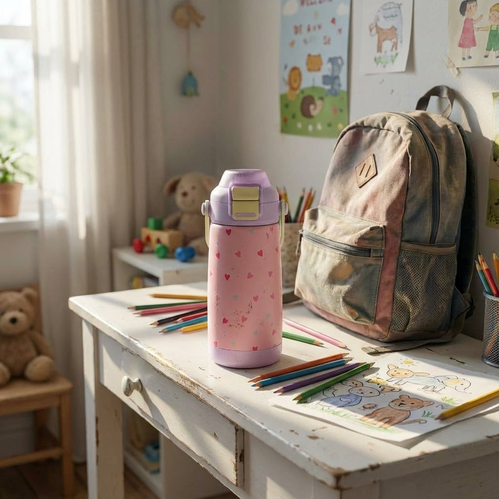 In-Use shot - Pink Goose 14 oz kids water bottle featuring red and blue hearts pattern, lavender lid, and green handle sitting on a living room table.