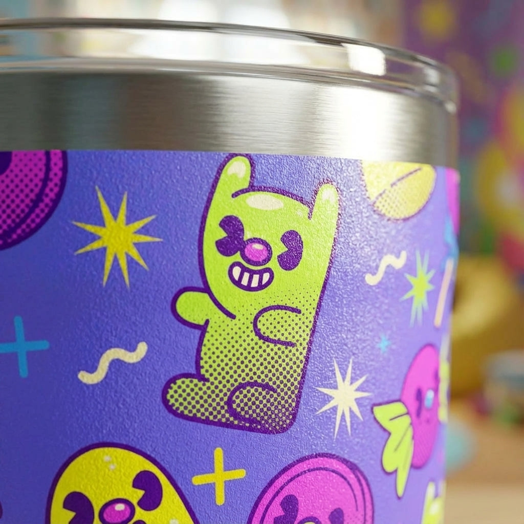 Detail shot - LAMOSE Peyto 12oz insulated mug featuring a vibrant purple background with cartoon monsters, lime green accents, and pink and blue lollipops.