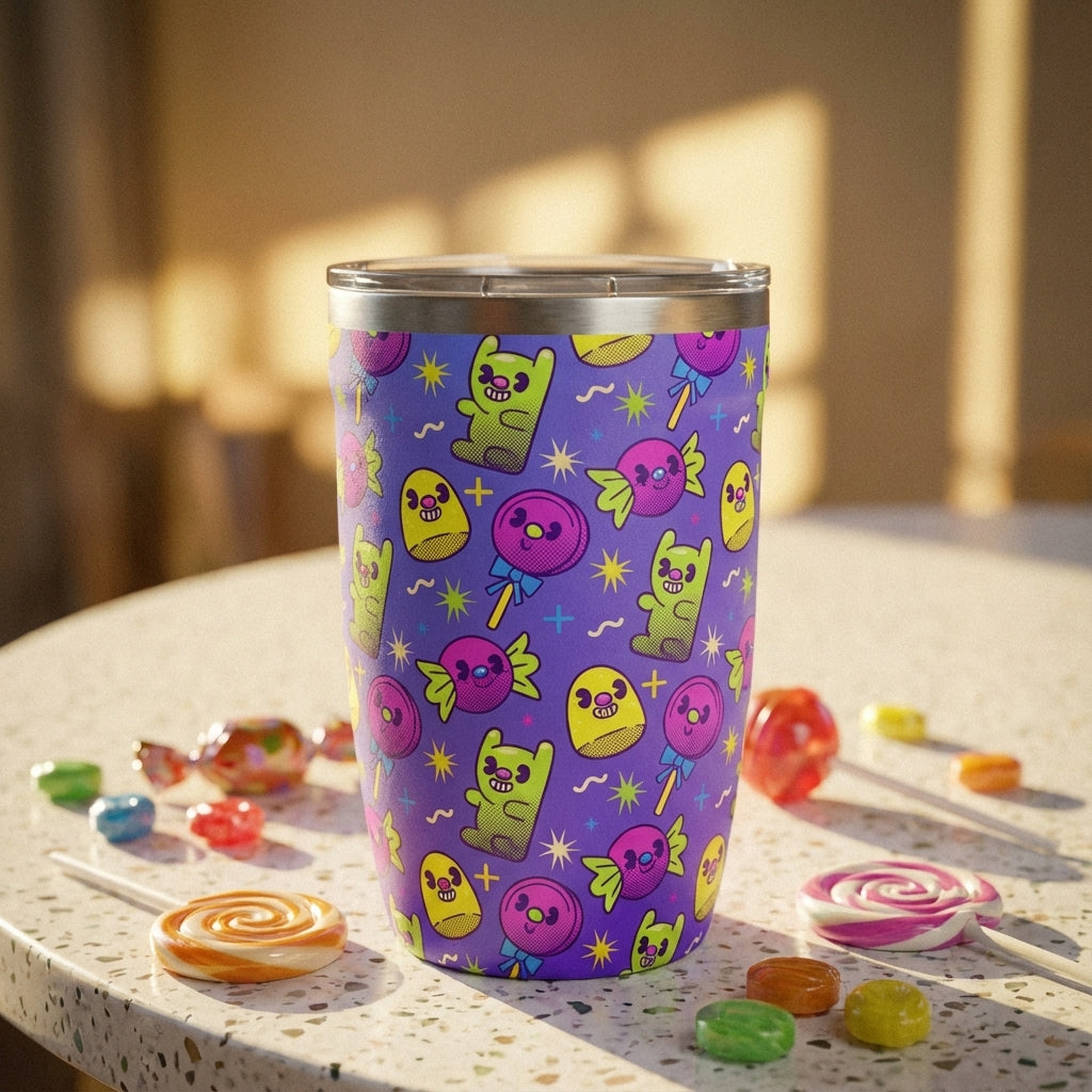 Lifestyle shot - LAMOSE Peyto 12oz insulated mug featuring a vibrant purple background with cartoon monsters, lime green accents, and pink and blue lollipops.