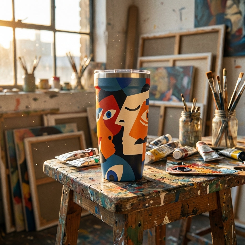 Lifestyle shot - LAMOSE Peyto 16oz stainless steel travel cup featuring colorful abstract cubist face art in blue, orange, and red against a neutral background.