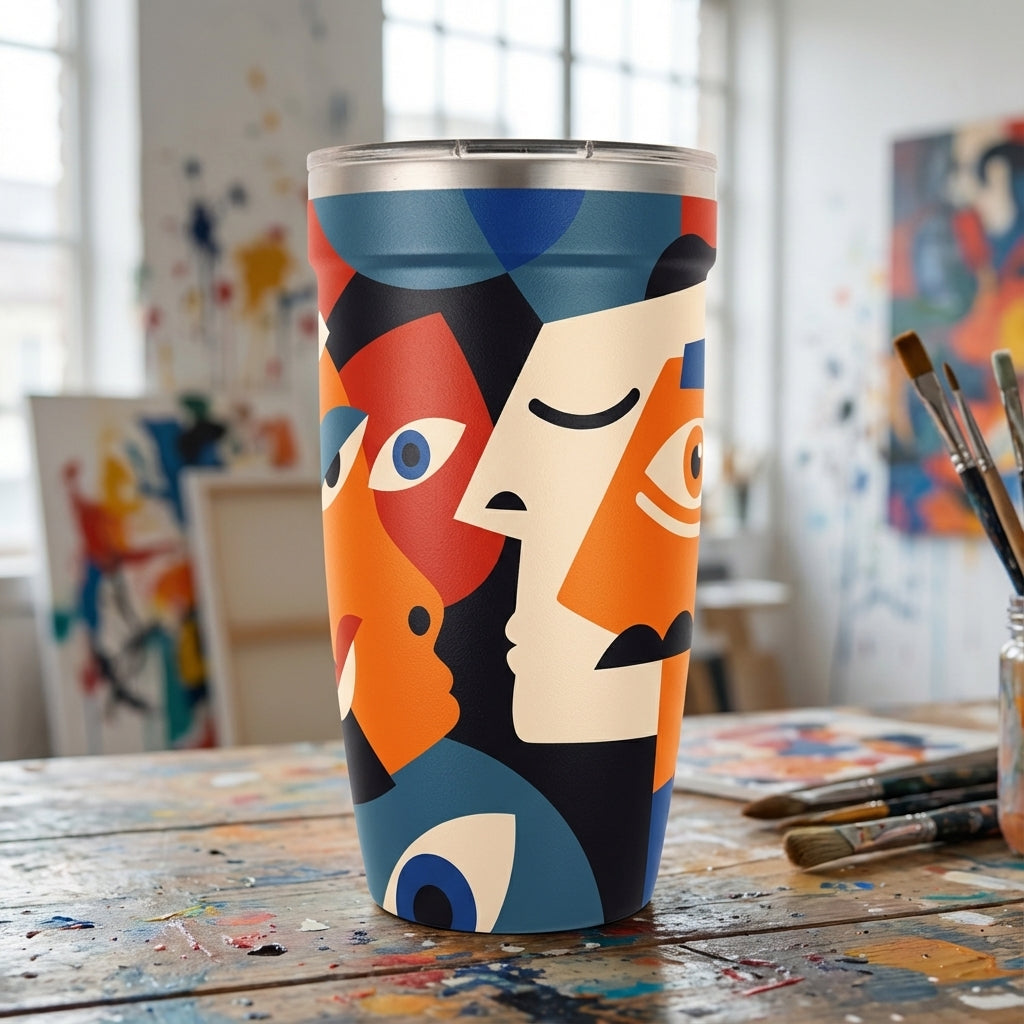  LAMOSE Peyto 16oz stainless steel travel cup featuring colorful abstract cubist face art in blue, orange, and red against a neutral background.