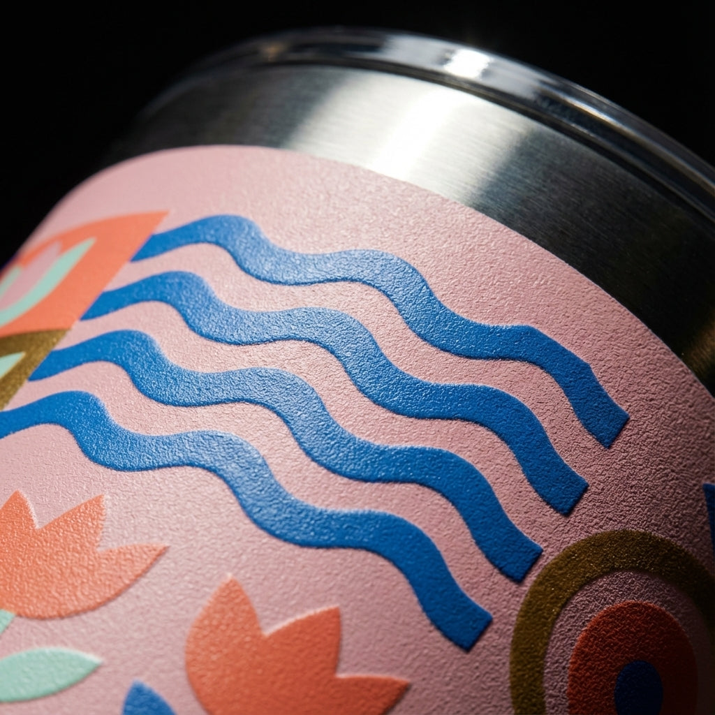 Detail shot - Light pink Peyto 16oz travel cup featuring a blue, green, and gold geometric floral pattern sitting on a wooden table next to a succulent and apple.