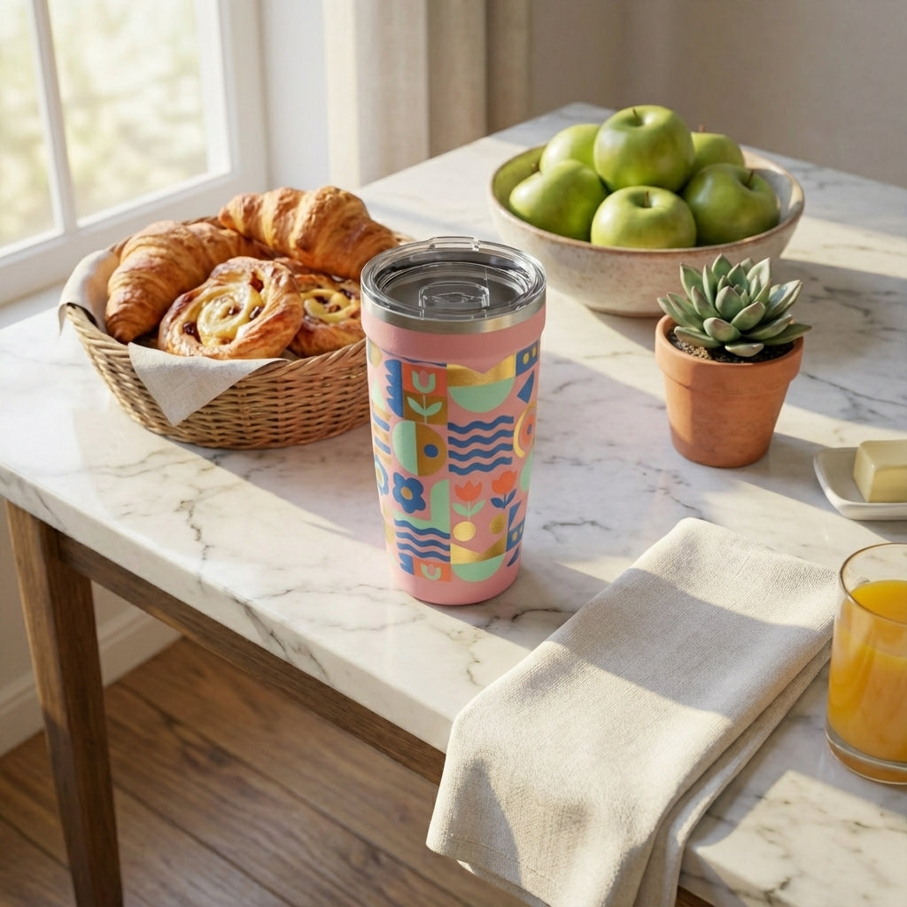 Lifestyle shot - Light pink Peyto 16oz travel cup featuring a blue, green, and gold geometric floral pattern sitting on a wooden table next to a succulent and apple.
