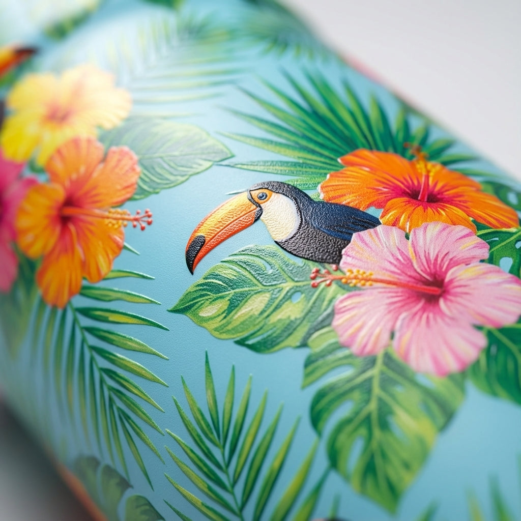 Detail shot - Peyto 16oz insulated tumbler featuring a tropical pattern with toucans, palm leaves, and hibiscus flowers on a light blue background, placed on a sandy beach surface.