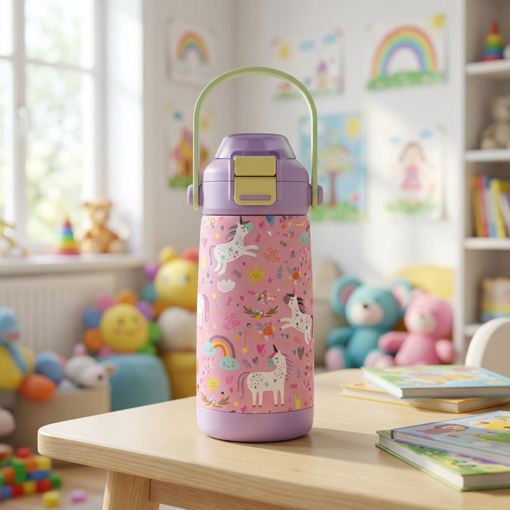 LAMOSE Goose 14 oz kids water bottle featuring a light purple body, pink section with cartoon unicorns and rainbows, light green handle and yellow clasp.