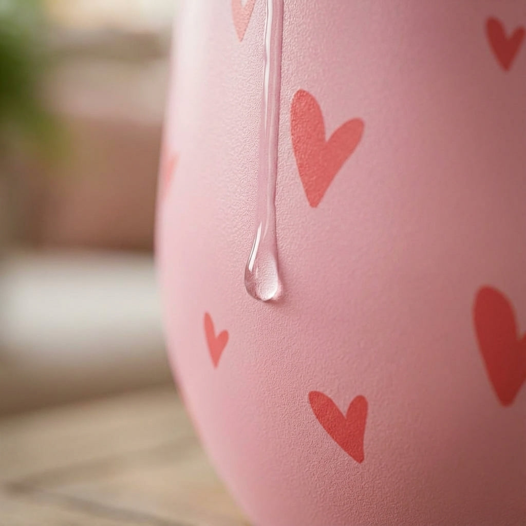 Detail shot - Pink 16 oz insulated wine tumbler featuring a pattern of red hearts in various sizes and a clear leakproof lid, set against a soft natural background.