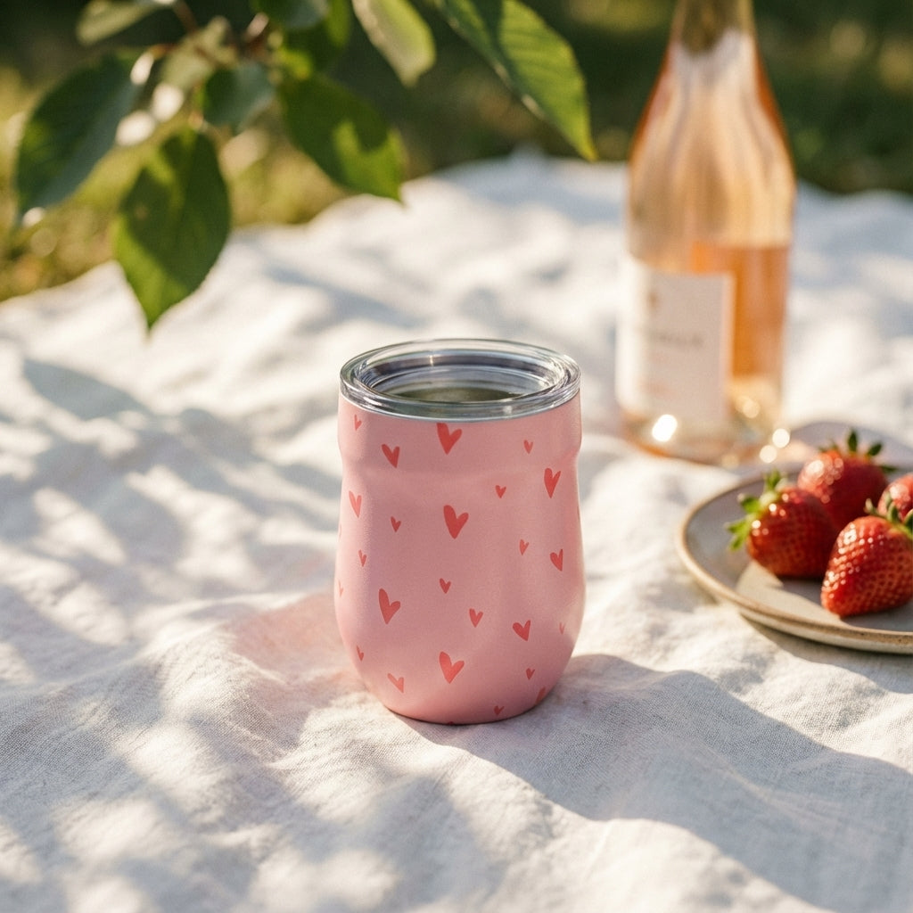 Lifestyle shot - Pink 16 oz insulated wine tumbler featuring a pattern of red hearts in various sizes and a clear leakproof lid, set against a soft natural background.